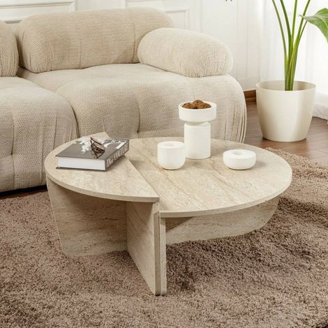 Dmora - Wohnzimmertisch Parete, Niedriger Wohnzimmertisch, Kaffeeregal, Couchtisch für Sofa, 90x60 h35 cm, Beige und Marmor (1/5)