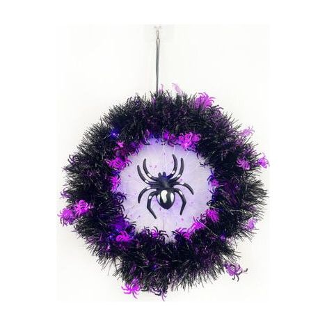Couronne de porte d'Halloween avec lumières, couronne d'araignée décorative d'Halloween avec lumières violettes, décorations d'Halloween pour l'extérieur, l'intérieur et les fenêtres. (1/5)
