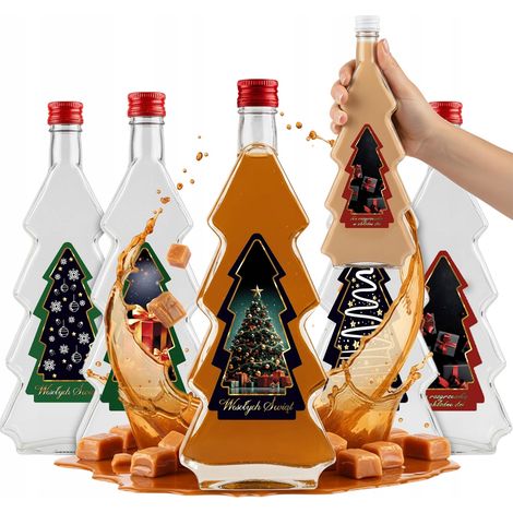 Lot de 5 bouteilles de 500 ml « Sapin de Noël » avec étiquettes pour liqueurs et vins de Noël (1/5)