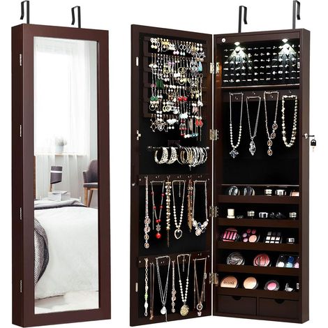 COSTWAY LED Schmuckschrank mit Ganzkoerperspiegel, Schmuckregal Tür- und Wandmontage, haengender Schmuck Spiegelschrank für Ringe, Kettenhaken und Ohrringe Braun (1/5)