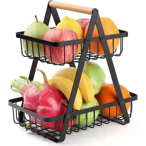 Panier de Rangement Métal Bois 2 Niveaux Détachable, Étagère à Fruits Légumes pour Cuisine Salon Bureau Noir (1/5)