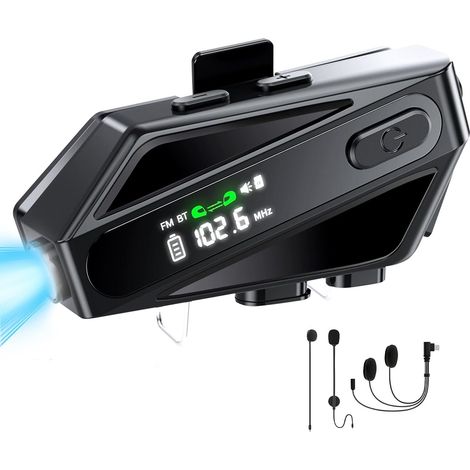 Auriculares Bluetooth para casco de moto con intercomunicador, FM, impermeabilidad IPX6 y alcance de 450 a 600 metros.