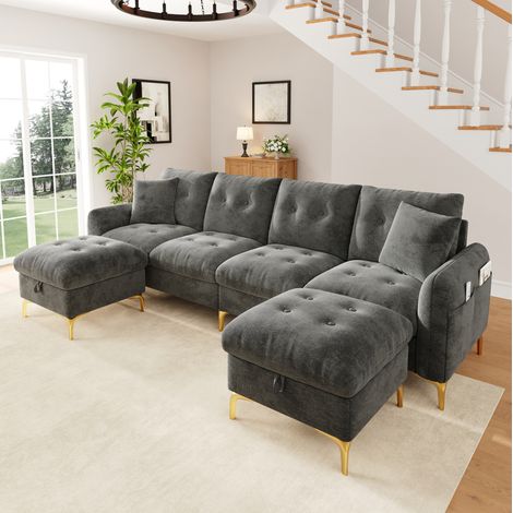 MODFU – Divano modulare a U 4 posti in ciniglia con 2 pouf contenitore, tasca laterale, trapuntatura e piedi dorati 15 cm – Grigio (1/5)