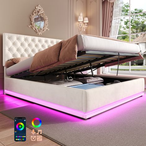 Double Ottoman Bed with LED Lighting, Velvet Upholstered Bed with Hydraulic Storage, 4ft6 Double Bed Frame with Handmade Button Tufted Adjustable Headboard, No Box Spring Needed, Beige (No Mattress)
