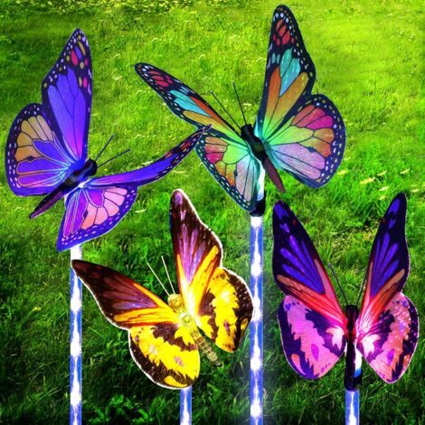 Lot de quatre lampes de jardin solaires avec papillons en fibre optique à couleurs changeantes et pointes lumineuses LED étanches pour la décoration du patio et du jardin (1/5)