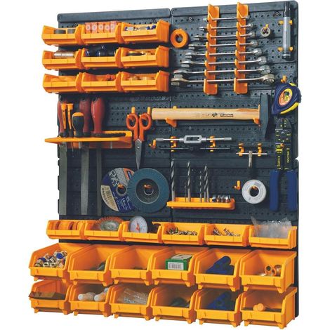 - Panneau Mural Porte-Outils Complet (66x78cm) : 4 Panneaux perforés, 27 bacs de Rangement (Petits/Grands) et 38 Crochets pour Un Atelier organisé (1/5)