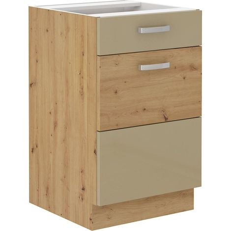 Unterschrank 50 Eiche Artisan Cappuccino Glanz Küchenzeile Vollauszug Soft-Close (1/4)
