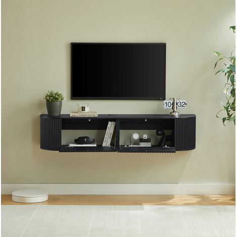 Meuble TV mural 140x32x30 cm en panneaux de bois noir, rangement intégré pour salon – MEUBLIV (1/5)