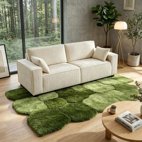 Sofá de 3 plazas beige de terciopelo de 218 cm, sofá de sala de estar con amplios reposabrazos, cojines de resorte acolchados y 2 cojines decorativos (1/5)