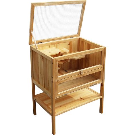 Wiltec – Cage pour rongeurs 60 x 40 x 80 cm – 2 étages en bois sapin – Façade en verre acrylique – Toit grillagé pour aération – Nettoyage facile