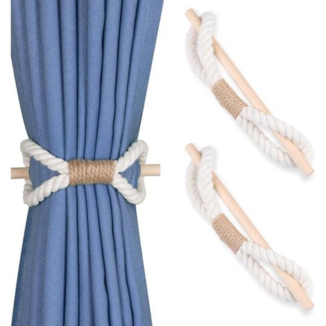 Lot de deux attaches de rideaux bohèmes faites à la main avec tiges en bois - Cordon en coton beige - Attaches de rideaux (Cordon en coton beige) (1/4)