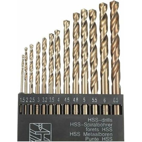 Juego de 13 brocas helicoidales HSS M35 de cobalto y oro para taladros métricos de alta velocidad, de 1,5 mm a 6,5 mm, para taladrar acero inoxidable y metal - DP (1/5)
