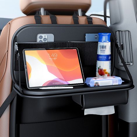 Organizzatore per sedile posteriore auto, vassoio pieghevole, borsa portaoggetti in PVC e pelle, accessori da viaggio