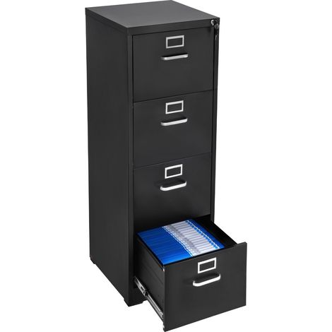 Classeur vertical à 4 tiroirs avec serrure, caisson de bureau en métal robuste avec tringle de suspension amovible, rangement document pour dossiers format A4/Lettre/Légal, montage facile, noir (1/5)