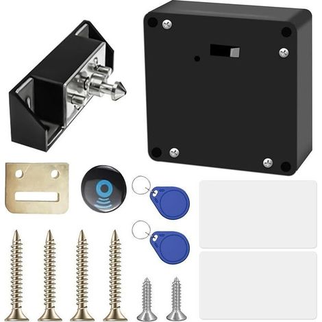 Cerradura electrónica RFID para armarios y cajones, discreta, alimentada por pilas, con 2 llaves y 2 tarjetas, seguridad para puertas dobles. (1/4)