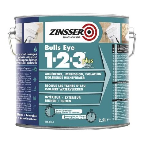 Zinsser Bulls Eye 1-2-3 PLUS Primaire d'accrochage isolant universel blanc 2,5 L intérieur & extérieur