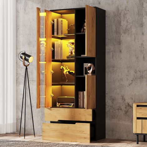 Modernluxe - Vitrine moderne 75 x 35 x 180 cm - Éclairage LED - Avec 3 portes et 2 tiroirs - MDF+verre - Naturel+noir (1/5)