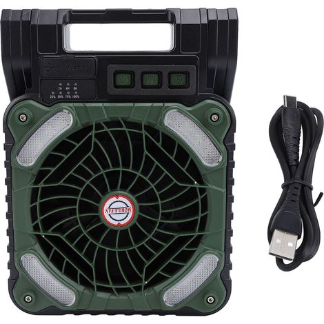 Ventilateur de camping solaire puissant, rechargeable par USB, pliable et portable, vert olive, pour la maison, la voiture et les activités de plein air. (1/4)