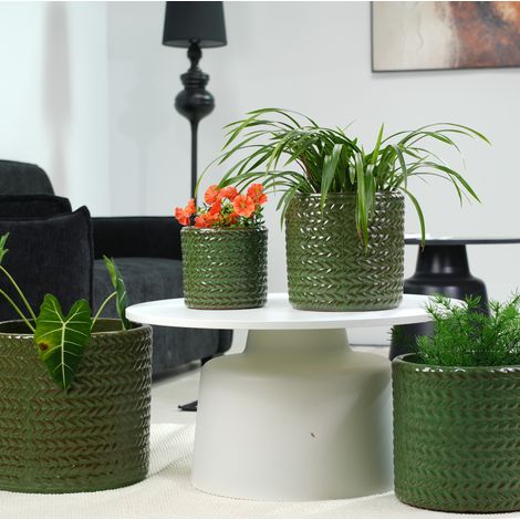 Vaso da fiori in ceramica Ø37 cm verde oliva con drenaggio per interni e giardino - MEUBLIV (1/5)
