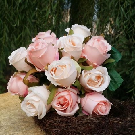Bouquet de Roses artificielles en soie - Lot de 12 - Décoration mariage Violet Champagne (1/4)