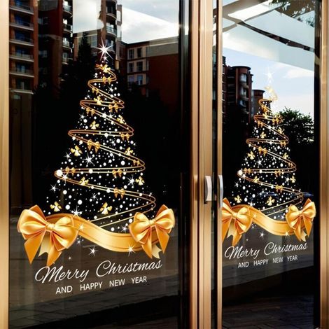 Lot De 2 Stickers Grand Sapin De Noël Doré, 65x 45cm Autocollants Statiques En Forme D'arbre De Noël, Autocollants Muraux Décoration De Noëls, Pour Mur, Fenêtre, Porte, Vitrine (1/5)