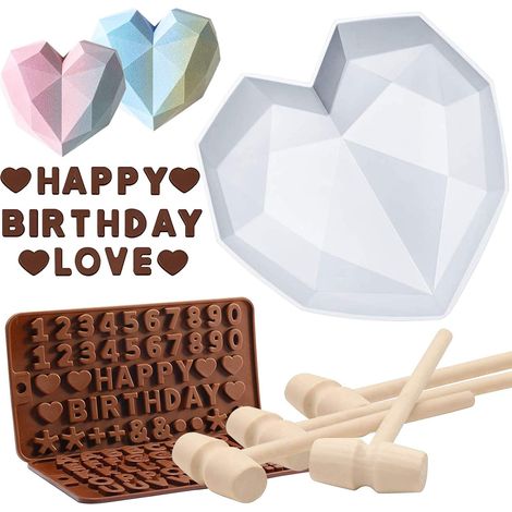 Moules en forme de cœur pour chocolat, grand moule à gâteau en silicone de 22 cm, 2 moules en forme de lettres et 4 moules en forme de marteau pour gâteau mousse aux bonbons de la Saint-Valentin