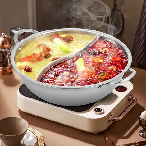 Hot Pot Topf Dualer Hotpot heißer Topf Edelstahl mit Glasdeckel und Unterteilungen, Doppelseitig, Chinesischer Feuertopf 28cm (1/5)