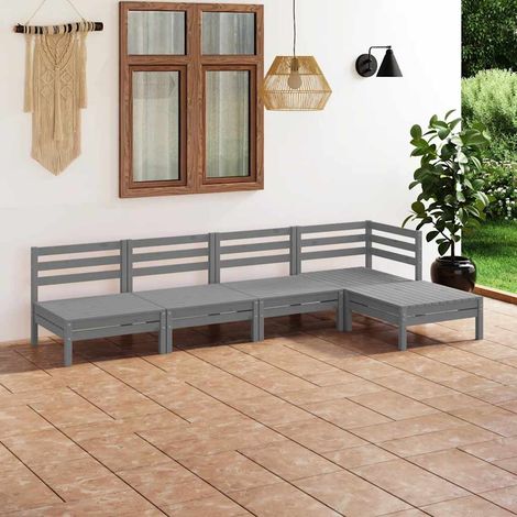 Salon de jardin 5 pièces en bois de pin massif gris, canapé modulable avec repose-pied/table - PANGIVO (1/5)