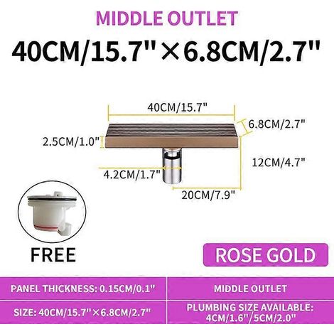 Caniveau de douche linéaire encastré en acier inoxydable et céramique or rose, caniveau rectangulaire anti-odeurs pour salle de bain, 40 cm-M (1/5)