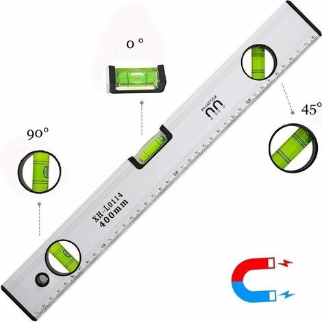 Niveau à Bulle de 40 cm. Niveau Bulle Magnétique avec 3 Fioles Haute Visibilité Corps en Aluminium. Embouts Robustes pour horizontal vertical et 45 °. Précision +/- 0.5mm - Règle Intégrée (1/4)