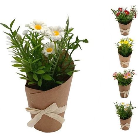 TRADE SHOP - Set 12pz Bouquet Di Fiori Finti Piantina Margherite Con Cartoncino Fiocco 4 Colori 656815 - (1/3)