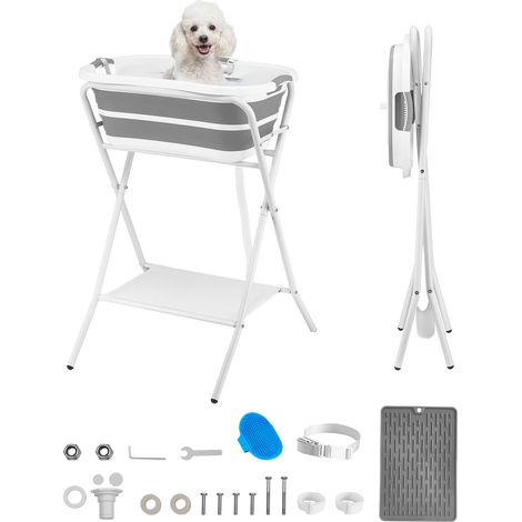 Mophorn Erhöhte Haustierbadewanne 28L mit Metallgestell, Abfluss & Ablage, Faltbare Wanne für Baden & Pflege von kleinen Hunden und Katzen bis 8kg, Tragbare Haustierdusche, Grau & Weiß (1/5)