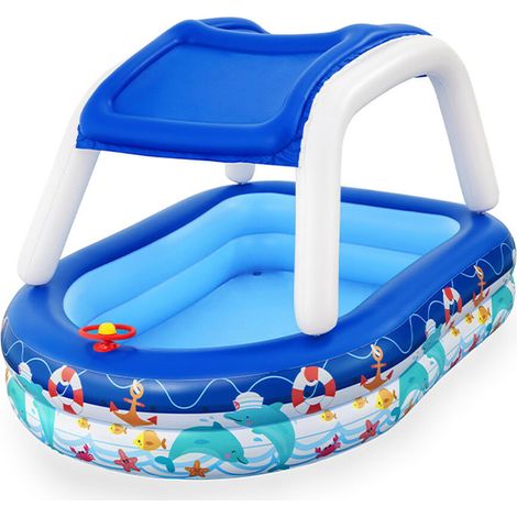 Piscine Gonflable pour Enfants Bestway 213x155x132 cm Bateau Bleu avec Auvent et Gouvernail Sonnette Plus de 3 ans (1/10)