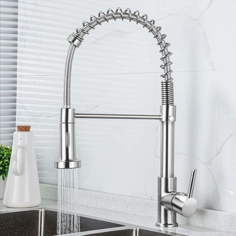 Kitchen Faucet with Spray, 360° Swivel Mixer Tap, Spiral Spring for Kitchen Sink, Brushed Nickel Sink Faucet (1/5)