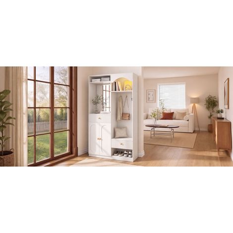 Ensemble de meuble d'entrée compact avec miroir et banquette, portemanteau mural avec étagère à chaussures et crochets, penderie couloir avec bande LED à couleur réglable, set de mobilier d'entrée spa (1/5)