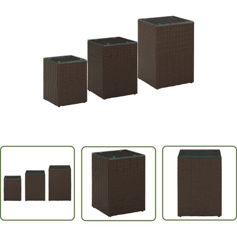 The Living Store Beistelltische 3 Stk. mit Glasplatten Braun Poly Rattan - Beistelltisch - Wohnzimmer Dekoration - Gartenmöbel - Outdoor Möbel - Esszimmertisch (1/5)