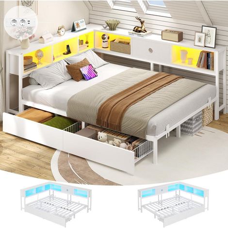Jugendbett 140x200 mit LED, Ladestation & Stauraum (1/5)