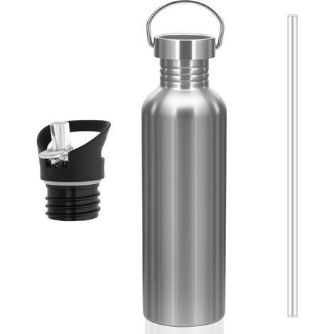Gourde Inox 1L, Gourde Sport avec 2 Couvercles, Bouteille d'eau simple paroi non isolée, sans Bpa,Gourde Paille Adulte pour l'École, Bureau, Extérieur, Camping, Yoga (1/5)