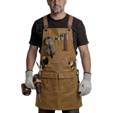 Tablier de Travail Homme en Toile Cirée 20oz – Robuste & Imperméable – Tablier Menuisier & Atelier avec 9 Poches, Aimant & Gants Anti-Coupure (Réglable S-XXXL (1/5)