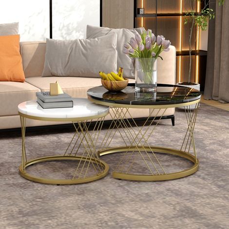Lot de 2 Tables Basses Gigognes - 70x70x45cm et 45x45x40cm - Plateau Effet Marbre et MDF Structure Dorée - Noir et Blanc (1/5)