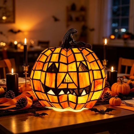 Lanterne citrouille d'Halloween en résine style Tiffany, visage effrayant, grande taille 15 cm, décoration intérieure.