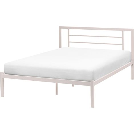 Bed Frame Light Beige Metal EU Small Double Size 4ft Solid Wood Slats Industrial Minimalist CUSSET (1/5)