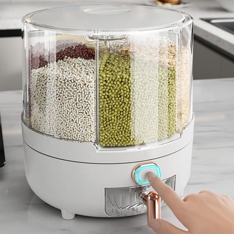 Distributeur de céréales rotatif 360° PP, boîte de rangement cuisine pour riz et légumineuses, blanc (1/2)