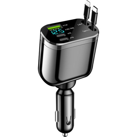 Foldable double retractable cable suitable for Apple and Android car chargers, fast charging car chargers -- C238 rotating model L cable + C cable [3.1A + 2C + CABLE: L2.4A + 100W] (with color box pac (1/3)