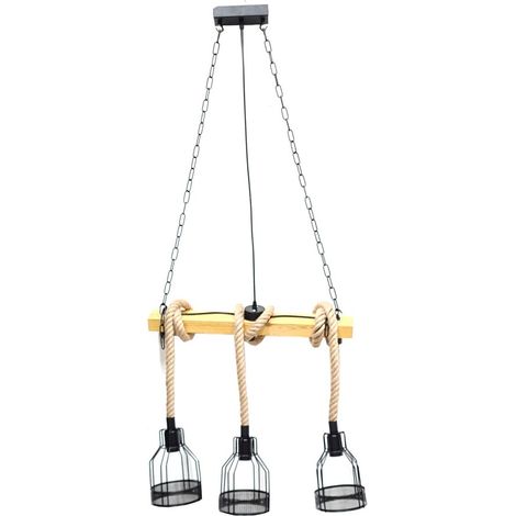 LAMPE À SUSPENSION CAGE INDUSTRIELLE VINTAGE E27 EN CHANVRE RÉTRO COUNTRY BOIS