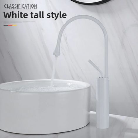 Robinet de lavabo moderne (blanc haut) en laiton brossé or noir argent, montage sur plage, mitigeur eau chaude/eau froide pour salle de bain (1/5)