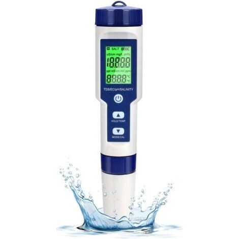 Testeur PH Electronique, Testeur Eau Piscine 5 en 1 avec Rétro-éclairage, PH/TDS/EC/Salinité/TempmèTre avec ATC, PH Metre Haute Précision de Résolution 0.01, pour Eau Potable, Aquarium, Spas (1/4)