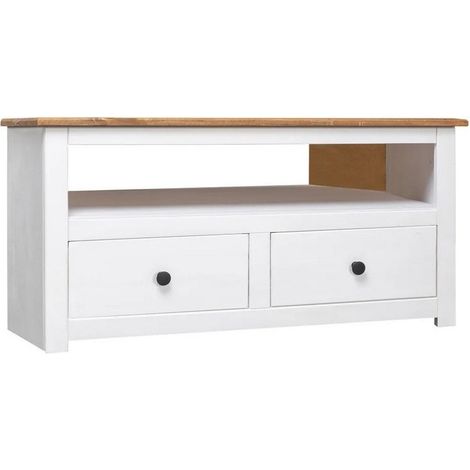 Meuble TV 2 tiroirs pin massif foncé et blanc Urda 93cm (1/5)