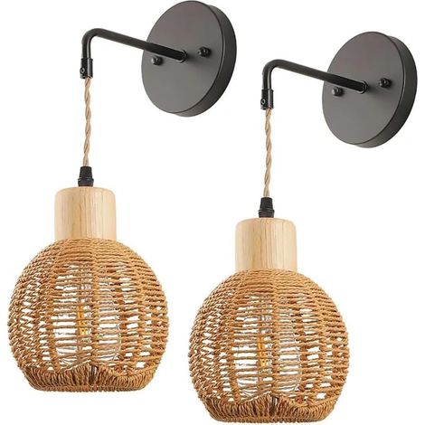 Lot de 2 Applique Murale Vintage en Rotin Boho – Luminaire Intérieur avec Abat-Jour en Corde de Chanvre Tissé à la Main, Décoration Élégante pour Salon et Chambre, Sans Ampoule (1/5)
