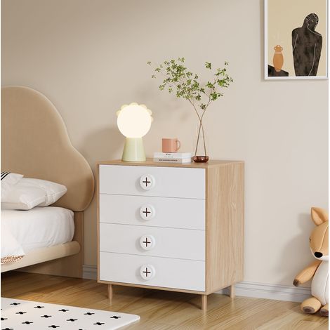 Nachtschränkchen, Kommode, Schlafzimmerkommode & Kinderaufbewahrungsschrank, mit 4 Schubladen, Aufbewahrungsschrank mit Stützen, Lackierte Platten + Spanplatte, Weiß, 805490cm (1/5)